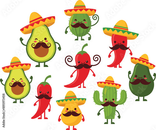Mexican food mascot character set. Cute avocado chili cactus and fruit figures with sombrero hats. Playful flat vector cartoons for fiesta branding and stickers.