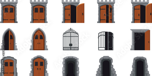 Medieval entrance and gate vector collection. Castle doors iron gates stone arches in multiple styles and states. Flat fantasy architecture assets for games, maps and historical illustrations.