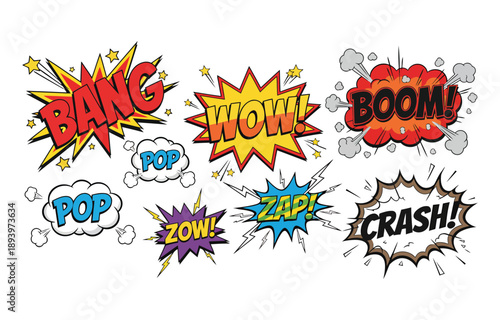 Comic boom cartoon effect line element set. Comic speech bubble pow, boom text, explosive splash smoke. Hand drawn sketch doodle action effect. Vector illustration