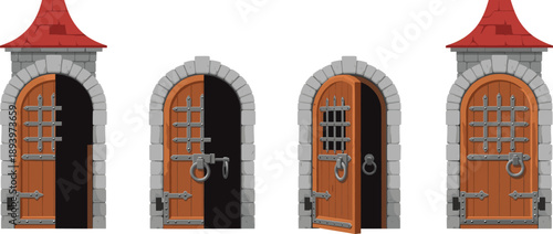 Castle entrance door vector illustrations. Medieval stone towers with wooden gates in open and closed positions. Flat fantasy architecture elements for games, maps and historical scenes.