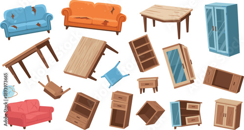 Scattered furniture flat illustration set. Fallen sofas tables cabinets and shelves after accident or chaos. Colorful vector elements for disaster scenes, moving damage and interior problems.