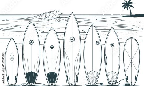 Surfboard Line Art Beach Scene Vector Illustration
