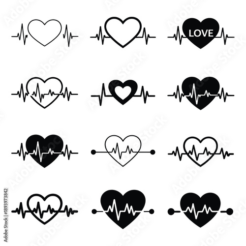 Heartbeat lines forming hearts a collection of vector graphic designs
