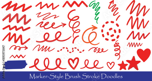 Black and white red vector doodle set of funny emphasis marks curved arrows bounce lines highlight circles playful hand-drawn cartoon style minimal ink texture isolated on white background no text