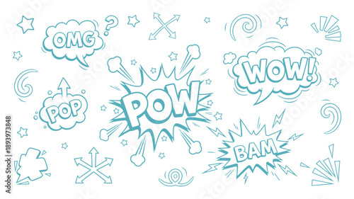 Comic boom cartoon effect line element set. Comic speech bubble pow, boom text, explosive splash smoke. Hand drawn sketch doodle action effect. Vector illustration