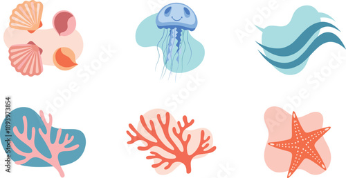 Ocean abstract flat illustration set. Minimal sea elements with jellyfish coral starfish shells and wave shapes. Soft pastel vector graphics for modern branding, posters and web design.