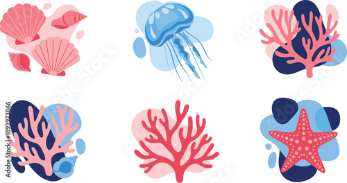 Sea life flat illustration elements. Coral reef shapes with jellyfish starfish shells and ocean plants. Soft colorful vector graphics for marine design, education and summer themes.