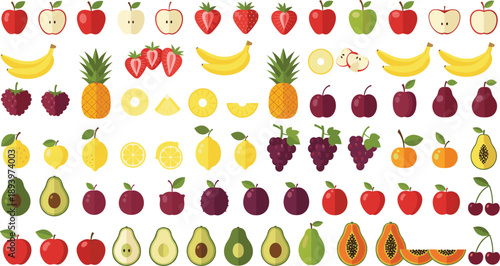 Fruit slices and whole icons collection. Apples bananas citrus berries tropical fruits in multiple cut styles. Detailed flat vector elements for food charts, packaging and educational design.