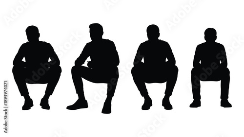 Four silhouettes of men are squatting facing forward on a white background