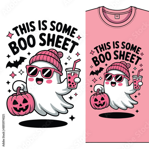 Cute ghost graphic design for a pink t shirt featuring halloween elements