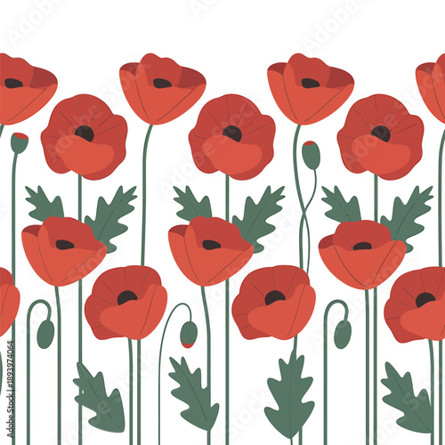 A seamless pattern of vibrant red poppies with delicate green foliage