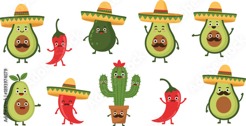 Avocado cartoon character vector set. Cute Mexican food mascots with sombrero hats, chili peppers and cactus. Funny flat illustrations for fiesta, food branding and kids design.