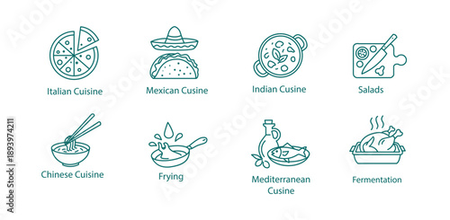 Grid of Cuisine and Food Preparation Line Art Icons