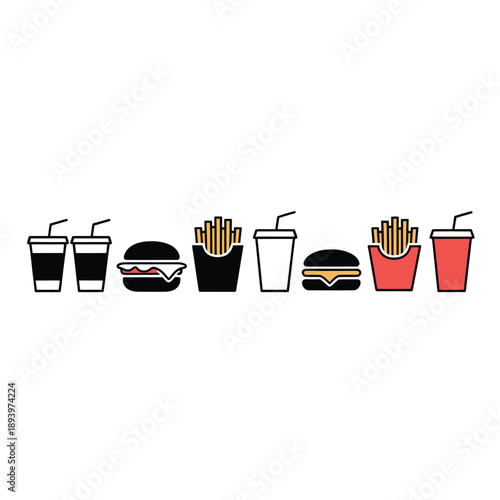 Simple illustration of fast food items arranged in a horizontal line