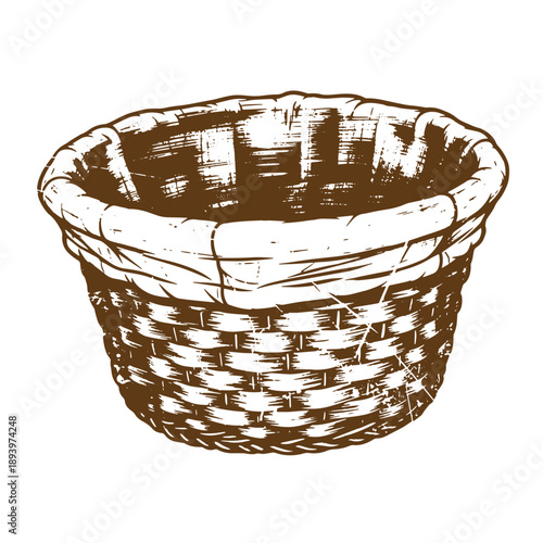 Vintage Grunge texture Brown wicker basket with woven pattern and rim isolated on white background