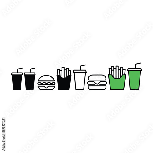 Line of fast food icons burgers fries and soda drinks