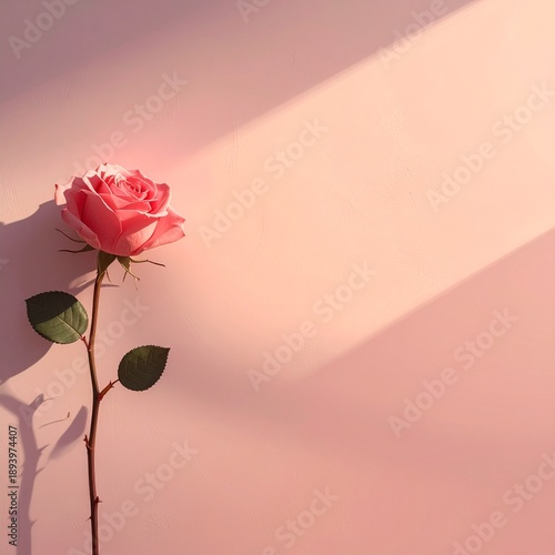Wallpaper Mural A single beautiful pink rose with a long stem and green leaves casting a shadow on a textured pink wall. Soft sunlight creates a diagonal light beam, highlighting the flower's delicate petals. Torontodigital.ca