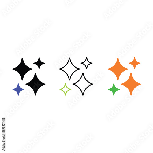 Colorful starburst icons in black orange and white variations displayed