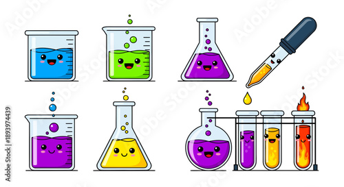 Adorable cartoon science beakers and test tubes with liquid for education or fun experiments