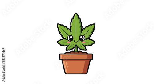 Adorable cannabis plant in terracotta pot, cute design perfect for stickers and merchandise, on