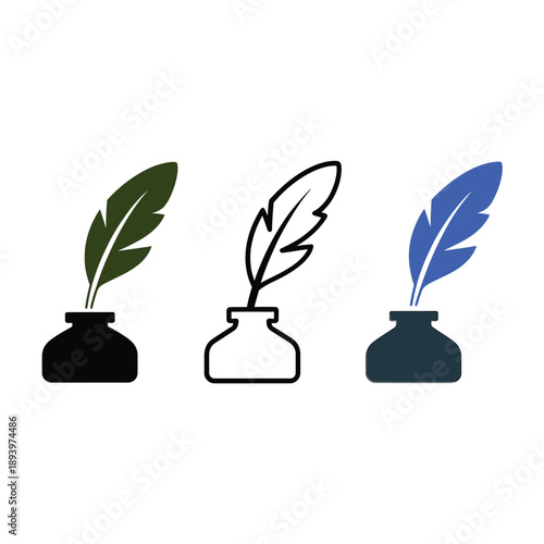 Three feathered quill pens with inkwells in varying colors and styles