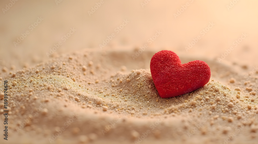Fototapeta premium Red Heart Shape Resting on Soft Golden Sand