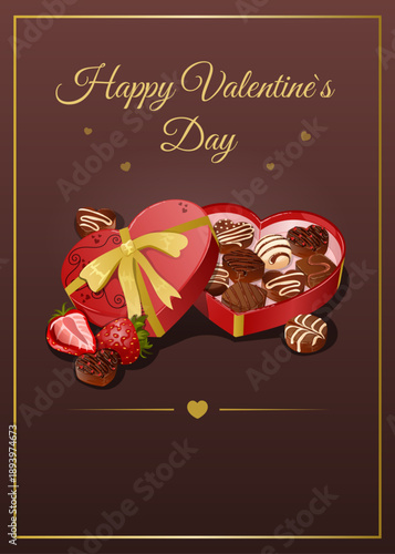 Luxury Valentine’s Day Greeting Card with Heart Shaped Chocolate Truffle Box and Strawberries on Dark Cocoa Background with Gold Accents & Copyspace
