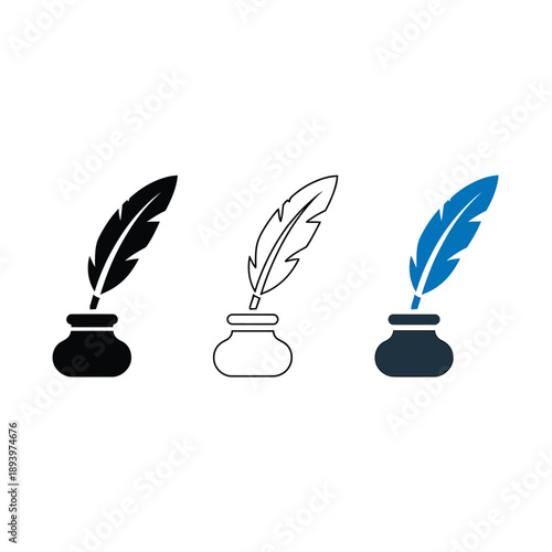 Three feather quill pens with inkwells in varying color schemes