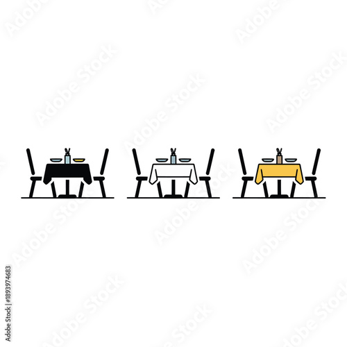Minimalist illustration of three dining table settings with different tablecloths