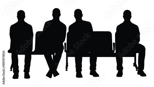 Four silhouetted figures seated on a bench facing forward high quality
