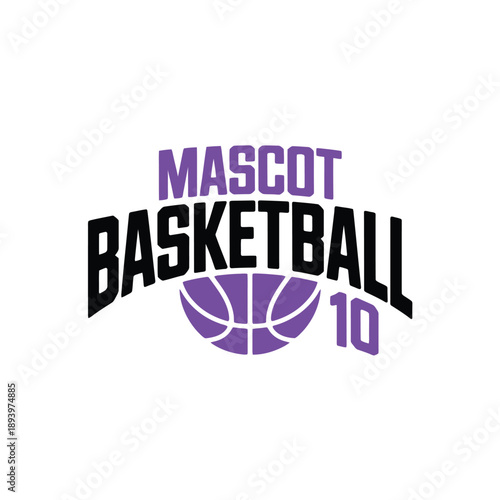 Purple mascot basketball design with text and a basketball graphic