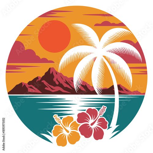 Tropical sunset scene featuring a palm tree hibiscus and mountainous island