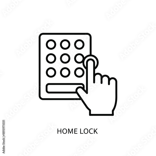 Home lock keypad with finger pressing button in simple line art style on white background for security icon
