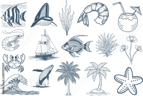 Summer Beach Ocean Line Art Icon Set