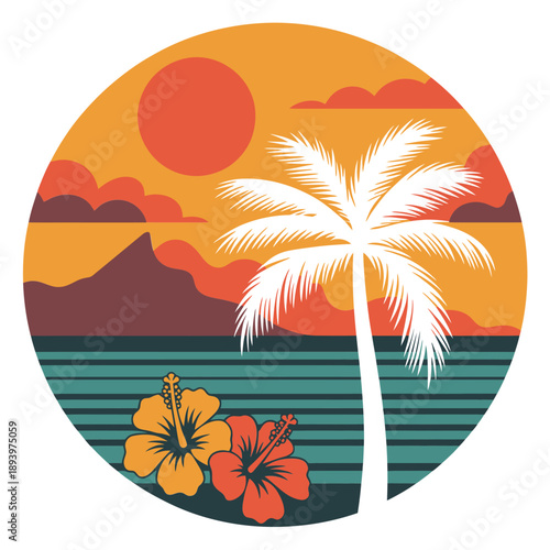 Tropical sunset scene featuring a palm tree flowers and mountainous landscape