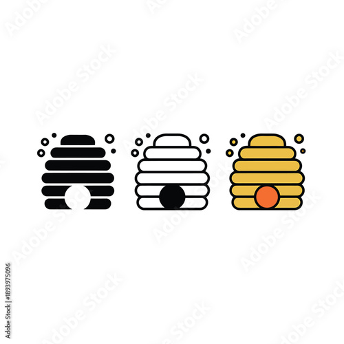 Three stylized beehive illustrations in varying color schemes and detail