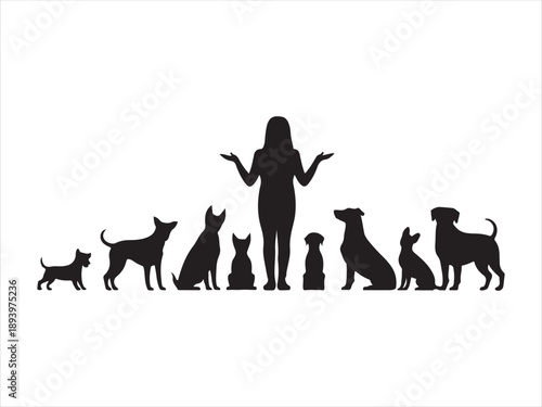 A silhouette of a man training dogs, Dog Trainer with Sitting Dogs Silhouette vector