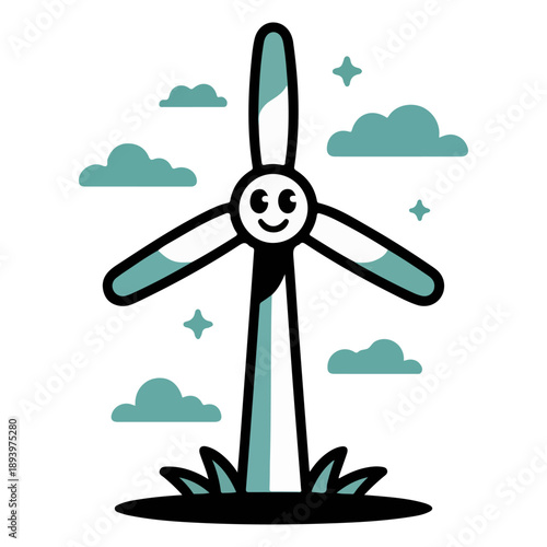 A friendly cartoon wind turbine generating clean energy. The design features a smiling turbine with clouds and stars, symbolizing renewable power. 