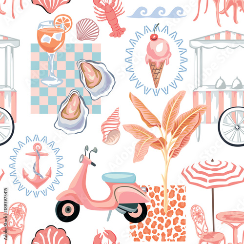 Pink Italian cafe, gelato, oyster, banana tree, lobster, shell seamless pattern. Summer resort print.