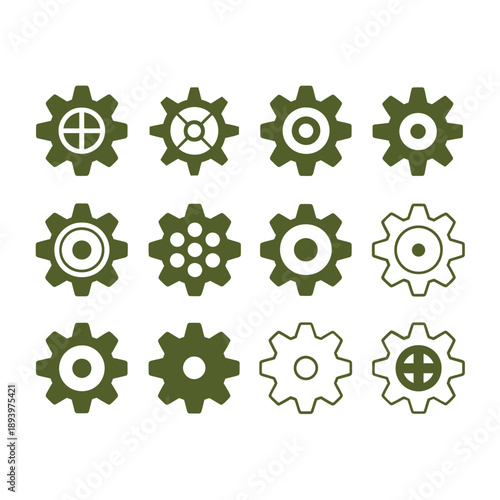 Collection of dark green gear icons arranged in a grid pattern