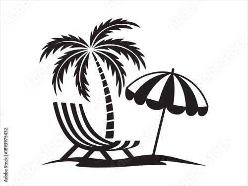 Beach chair umbrella silhouette with palm tree summer vector illustration design