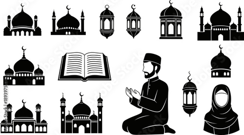 Black and white Islamic symbols and architecture collection including mosques people praying and lanterns