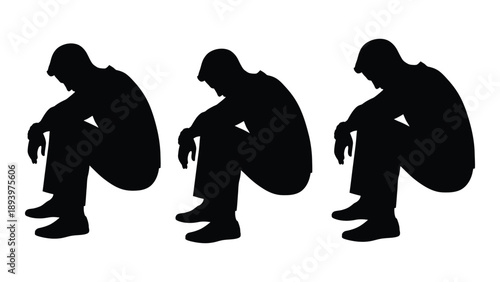 Three silhouettes of a person squatting in a contemplative or sorrowful pose