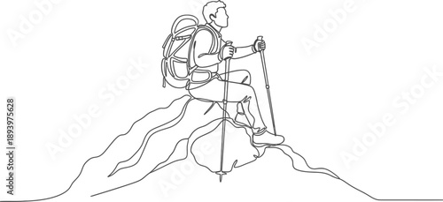 man hiking on a mountain with backpack and trekking poles in a continuous line drawing style