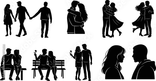 black silhouettes of couples in various romantic poses and activities together  dating