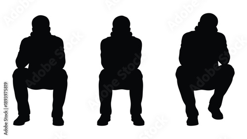 Three silhouetted figures are seated facing forward against a white background