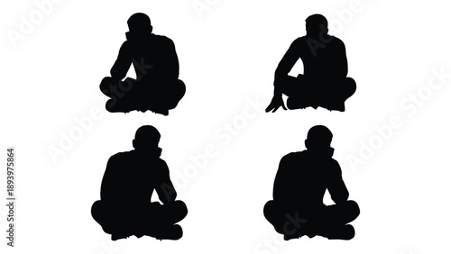 Four black silhouettes of people sitting cross legged on a white background