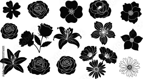 Collection of various black and white flower silhouettes and line art on white background