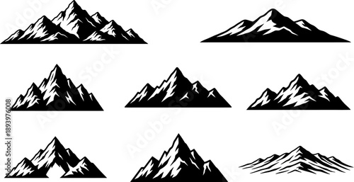set of mountain silhouettes in various shapes and sizes on white background