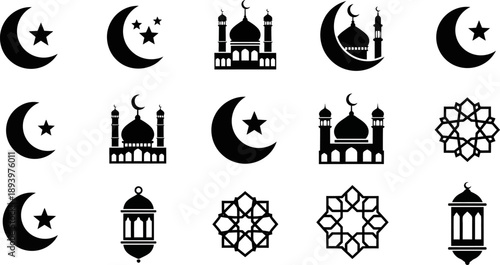 Islamic symbols and mosque icons in black on white background for design elements